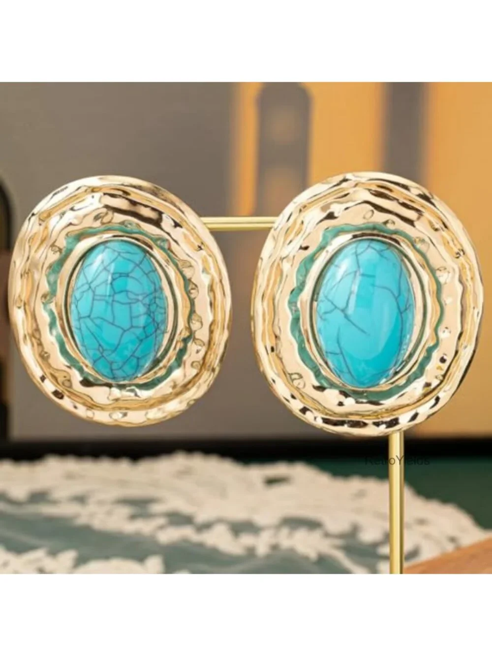 Chunky Gold Plated Turquoise Statement Earrings Oval Dangle Boho Western Jewelry